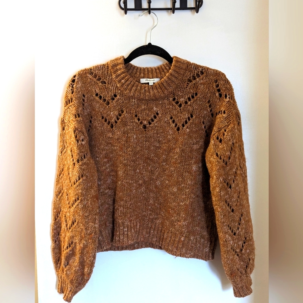 Madewell Pointelle Bubble Balloon Sleeve Rust Coral Crew Neck Sweater